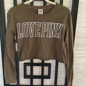 PINK Victoria's Secret love pink all green logo cropped long sleeve T-shirt size